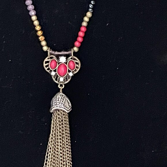 Mala Inspired Beaded Necklace Metal Tassel - Picture 2 of 6